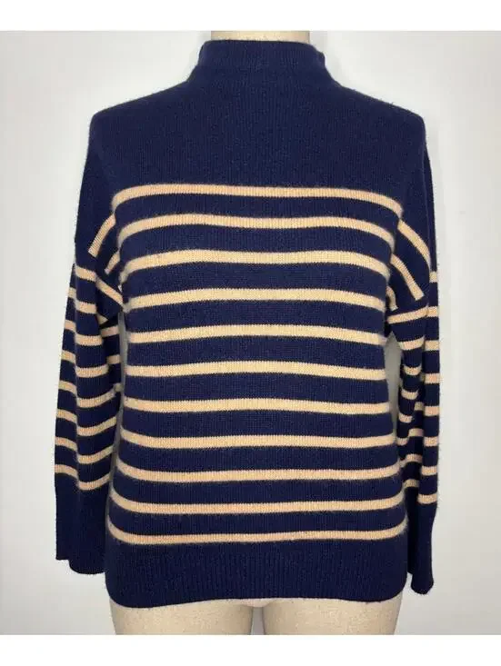 Magaschoni Cashmere Knit Funnel Neck Sweater Striped Blue Camel Soft Womens - M - Picture 2 of 7